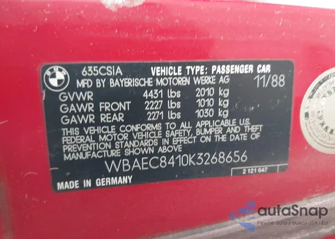 1989 BMW 635 Csi Automatic из США, поврежденный, VIN WBAEC8410K3268656